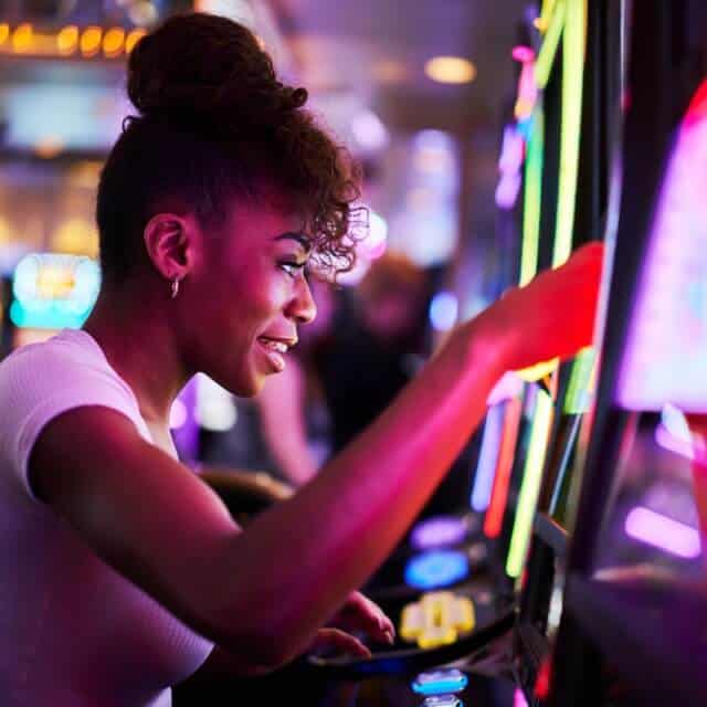 A woman stares excitedly at a slot machine screen.