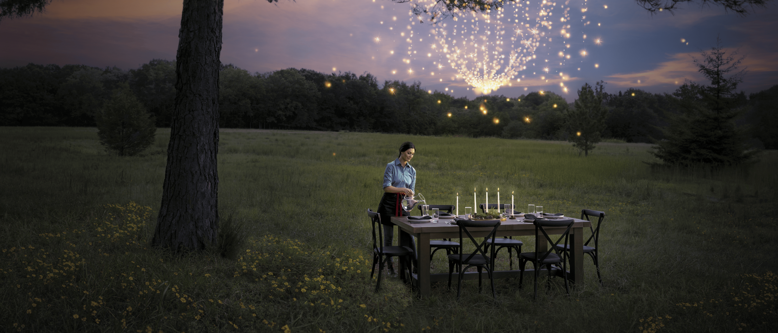 A waiter pours water at a set dining table in the middle of a grassy field. A chandelier of fireflies lights the scene.