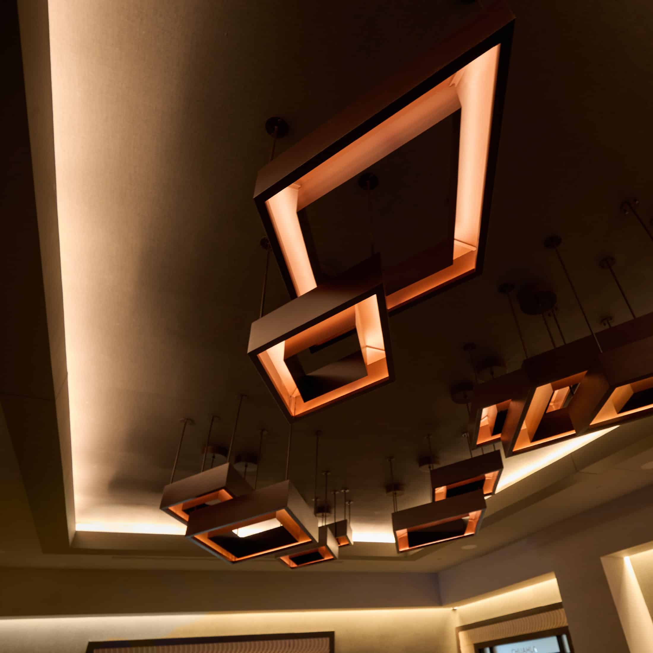 Concentric diamond light fixtures on the ceiling