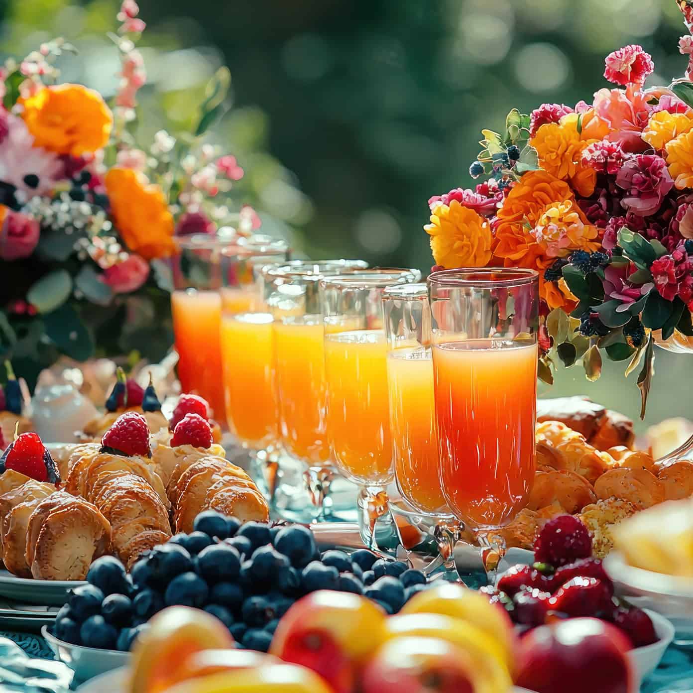 Mimosas and beautiful flowers on atable at Tuklo Grill