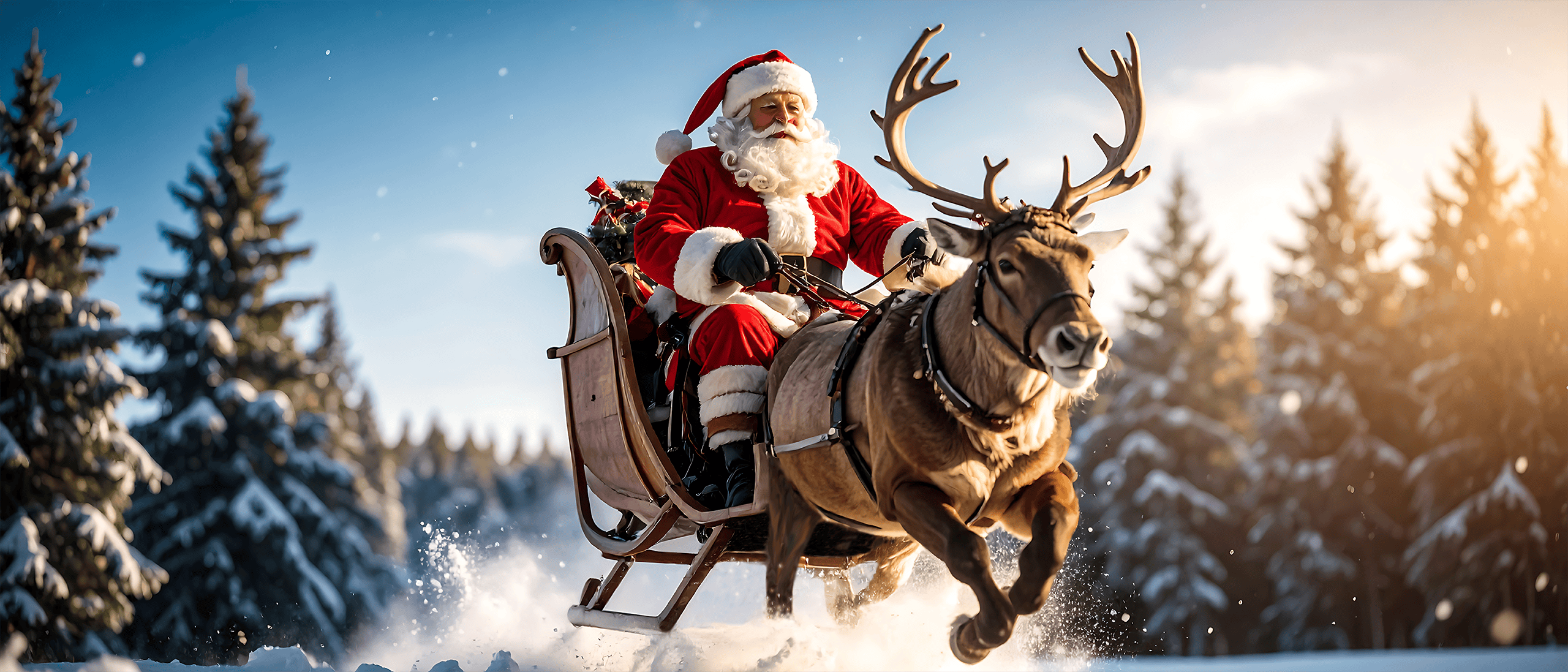 Santa and his reindeer flying over the trees