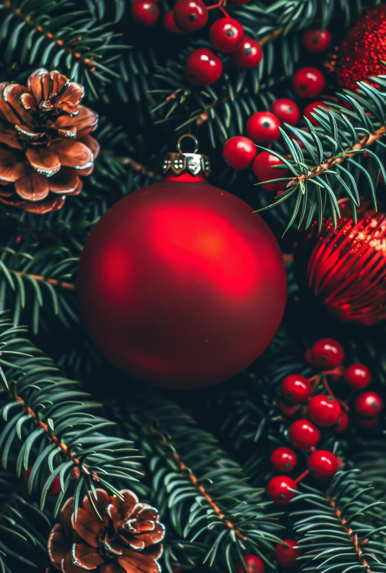 Christmas tree with red ornament, holly and pine cones