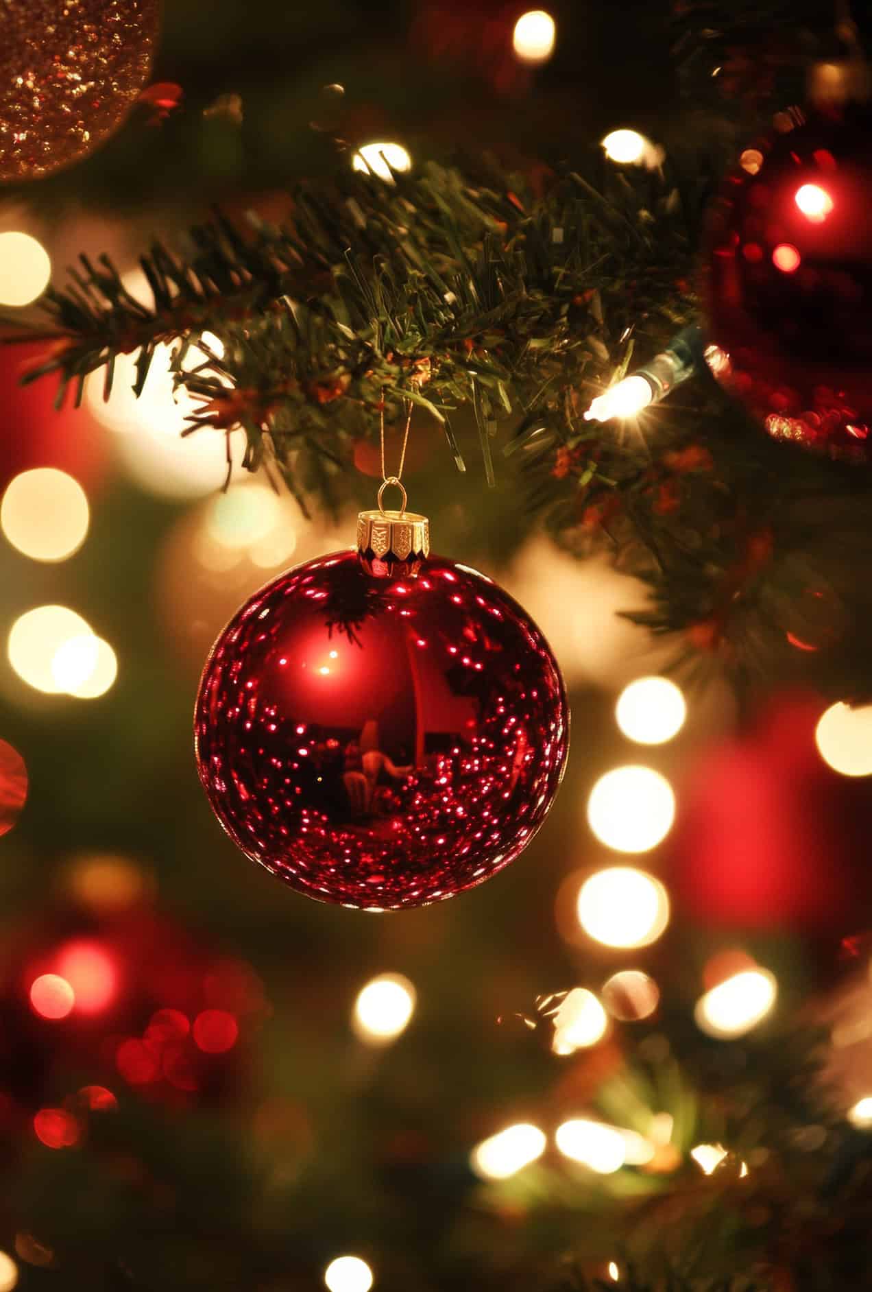 Red Christmas ornament hanging from a tree